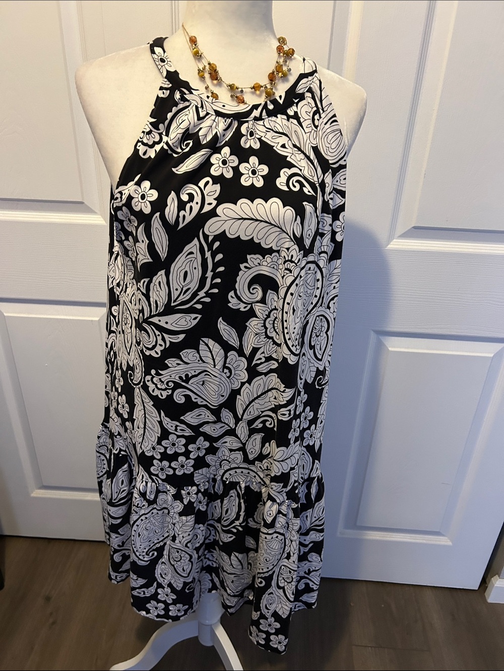 LOFT Black and White Paisley Halter Mini Dress